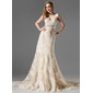 A-Line/Princess V-neck Court Train Organza Satin Lace Wedding Dress With Beadwork (002000249)