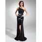 Sheath One-Shoulder Sweep Train Chiffon Sequined Prom Dress With Ruffle Beading (018020819)