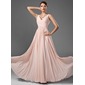 A-Linie/Princess-Linie V-Ausschnitt Bodenlang Chiffon Ballkleid mit Rüschen (018005068)