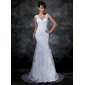 Mermaid V-neck Sweep Train Satin Tulle Wedding Dress With Lace (002004597) Mermaid V-neck Sweep Train Satin Tulle Wedding Dress With Lace (002004597)