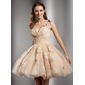 A-Line/Princess One-Shoulder Knee-Length Chiffon Tulle Homecoming Dress With Ruffle Beading Flower(s) (022020672) A-Line/Princess One-Shoulder Knee-Length Chiffon Tulle Homecoming Dress With Ruffle Beading Flower(s) (022020672)