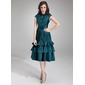 A-Line/Princess Scoop Neck Knee-Length Charmeuse Homecoming Dress With Ruffle (022009416)