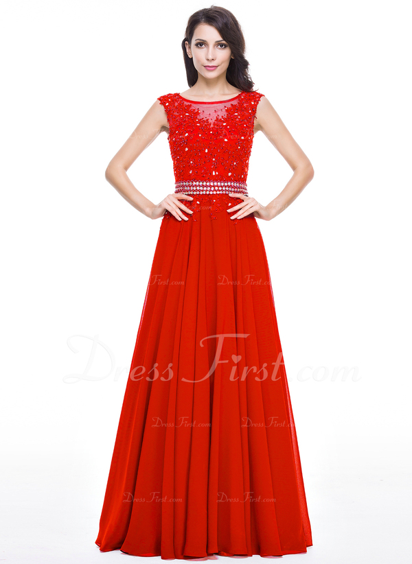 A-Line/Princess Scoop Floor-Length Split Side Evening Dresses With Ruched