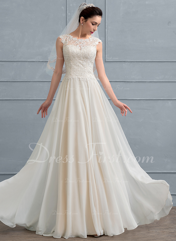 ALine Scoop Neck FloorLength Chiffon Wedding Dress With Beading