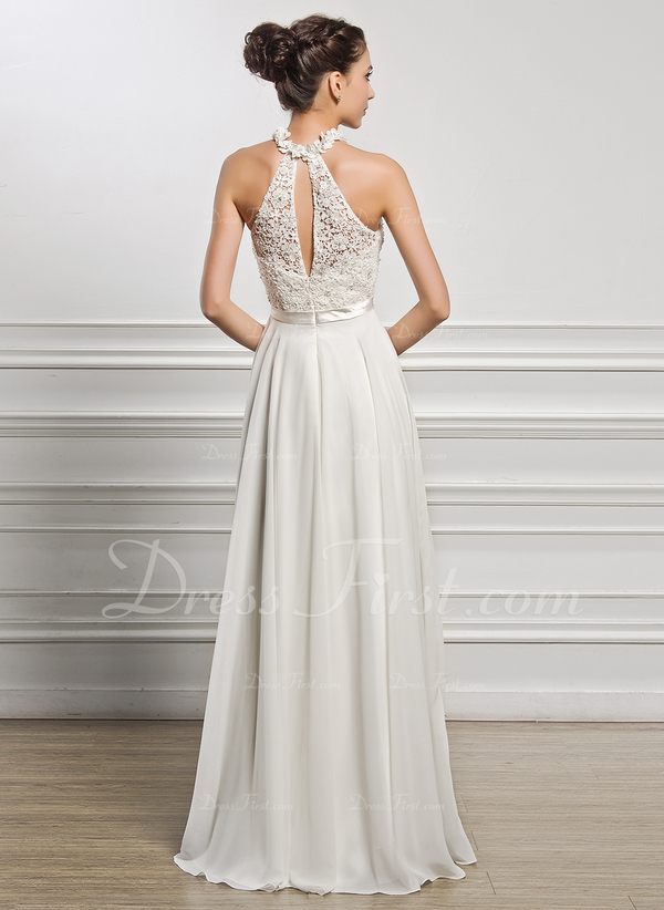 ALine/Princess Scoop Neck FloorLength Chiffon Wedding Dress With