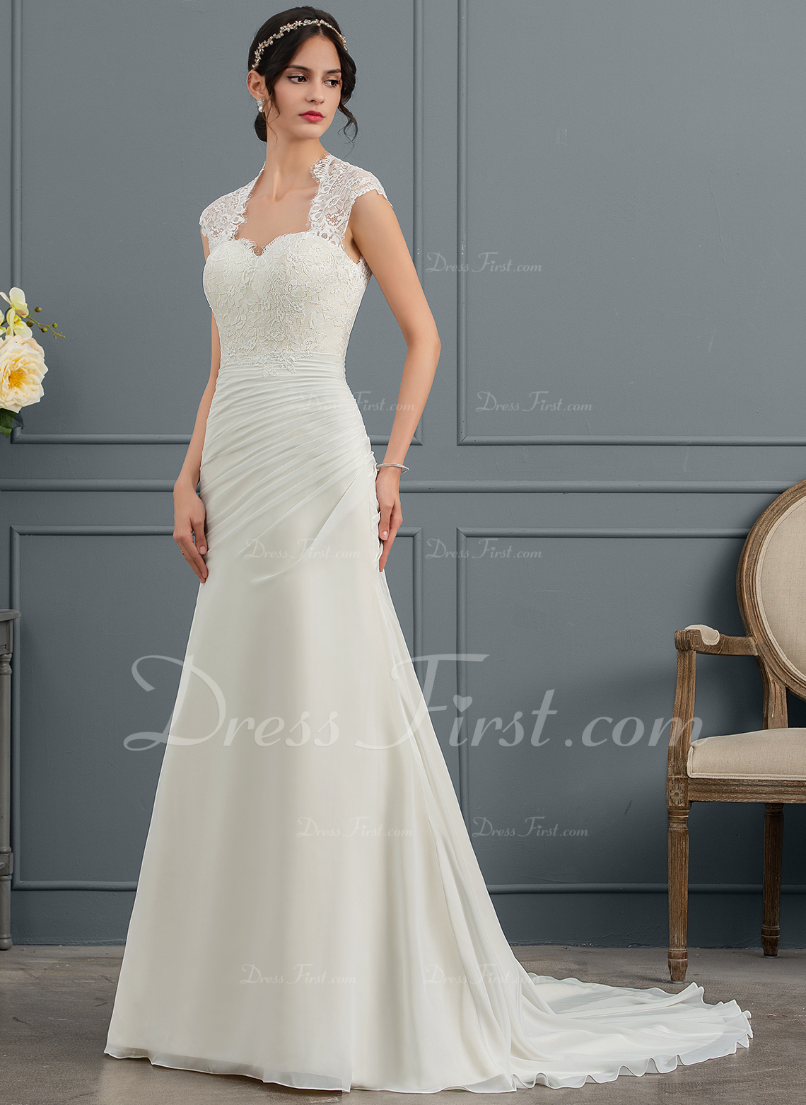 Trumpet/Mermaid Square Neckline Court Train Chiffon Wedding Dress With Ruffle 