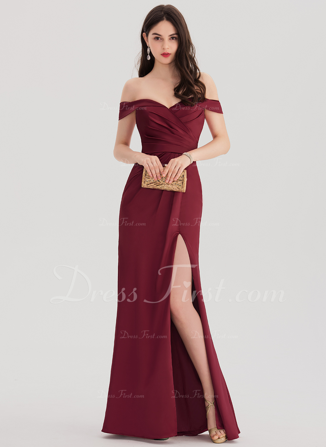 Sheath/Column Off-the-Shoulder Floor-Length Satin Evening Dress With Ruffle Split Front 