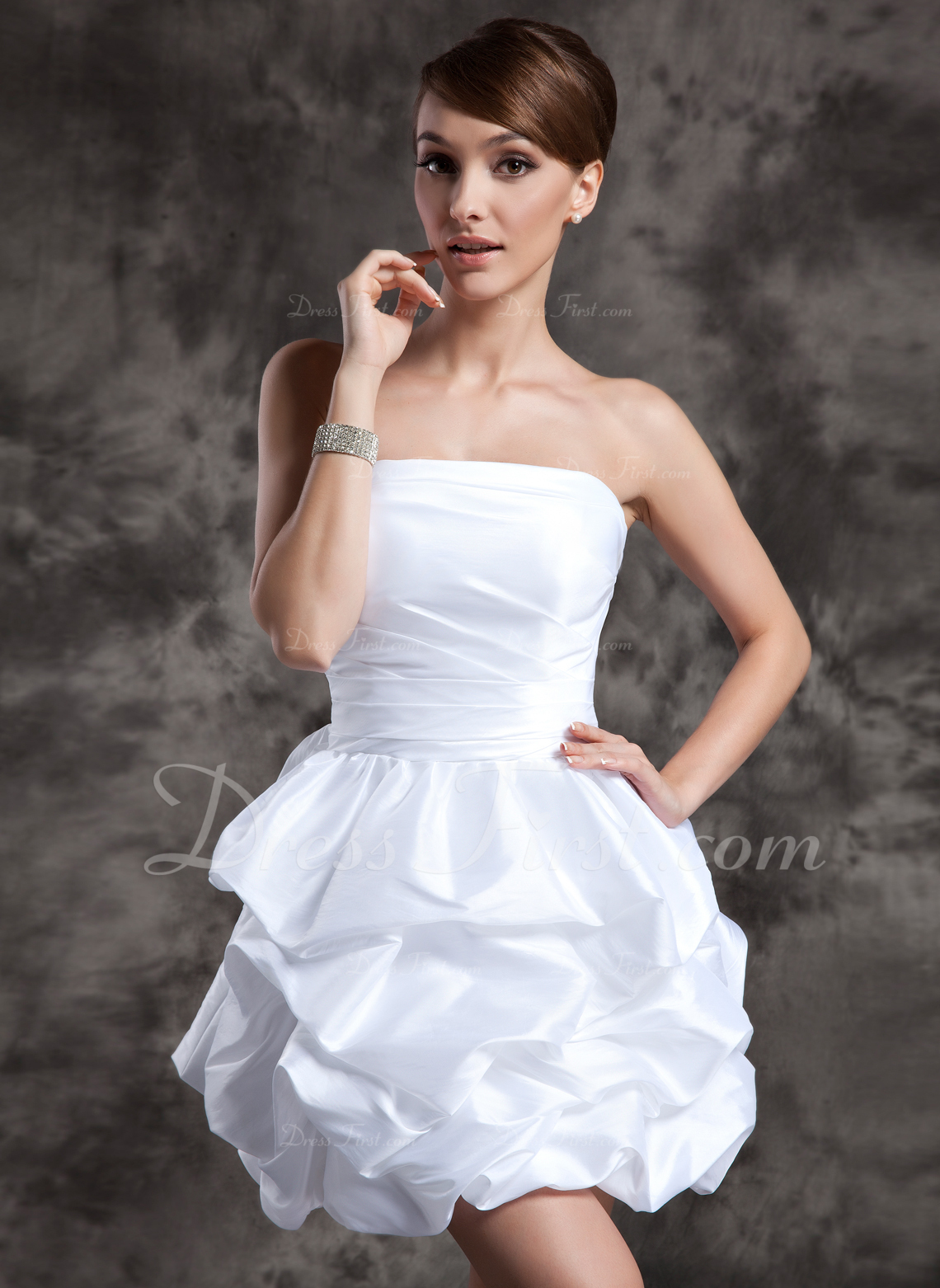 A-lijn/prinses strapless kort/mini taft bruidsjurk met roes 