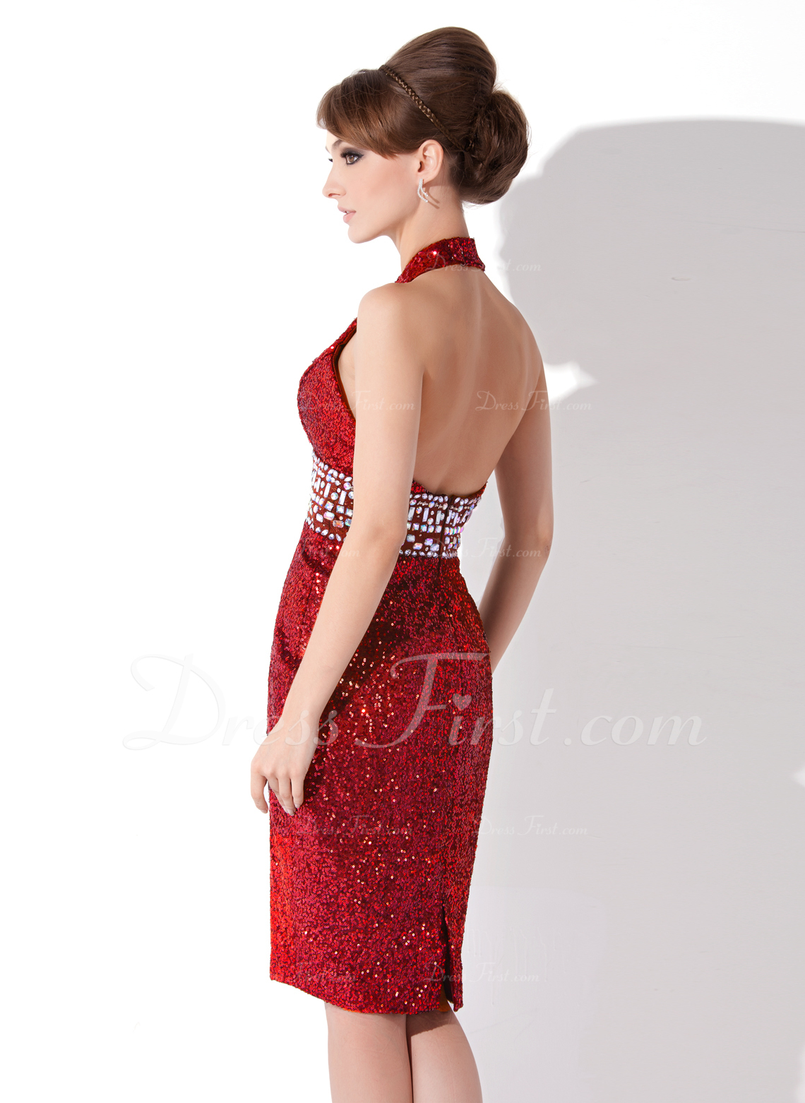 Sheath/Column Halter KneeLength Sequin Cocktail Dress With Beading