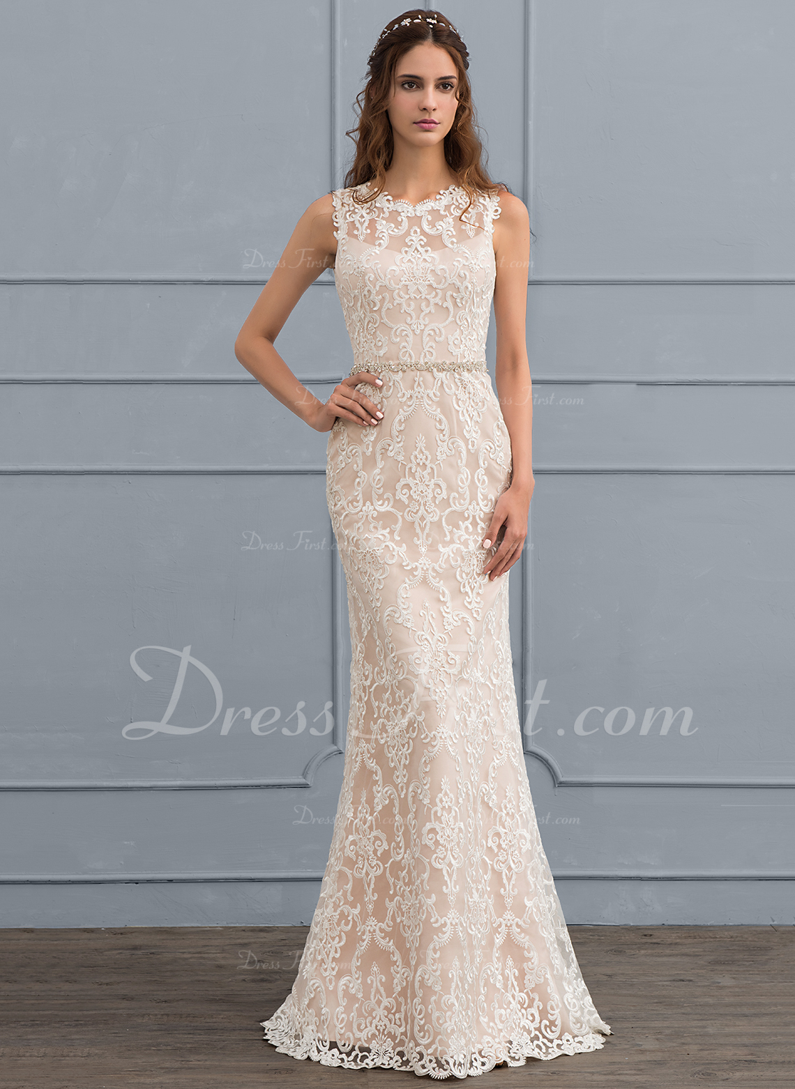 Sheath/Column Scoop Neck Floor-Length Lace Wedding Dress With Beading 