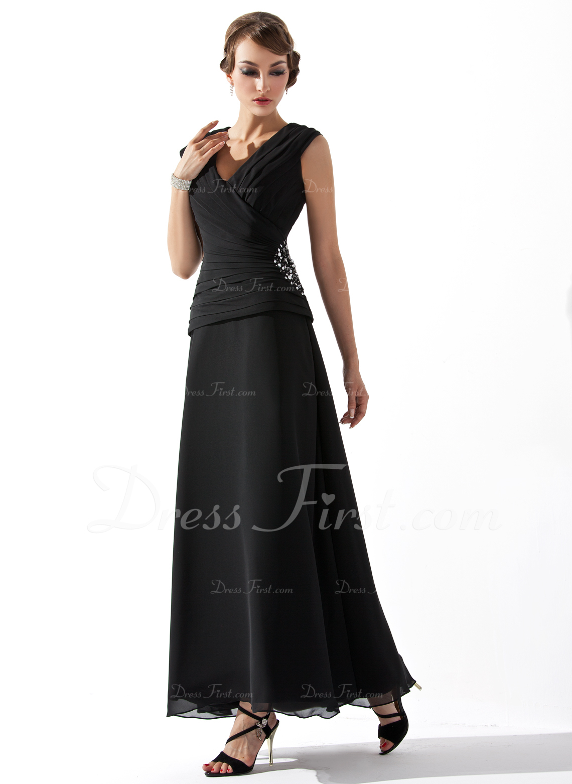 ALine Vneck AnkleLength Chiffon Mother of the Bride Dress With