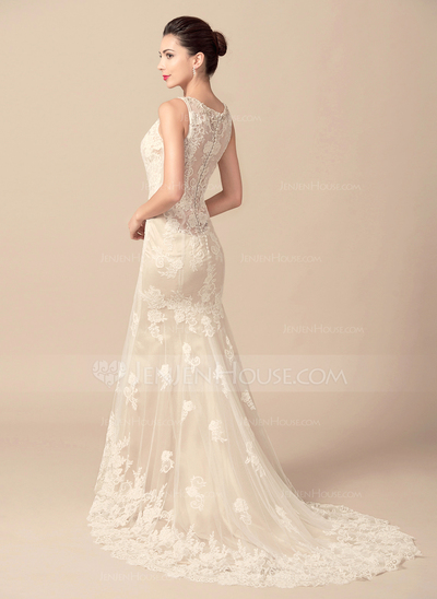 Trumpet/Mermaid V-neck Sweep Train Tulle Wedding Dresses main image 0