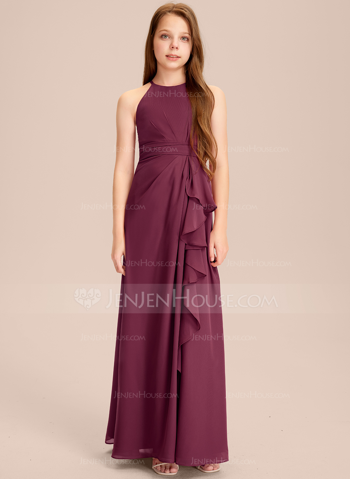 A-line kjole Halterneck Gulvlengde Chiffon Brudepikekjole ungdom med Brusende Volanger 