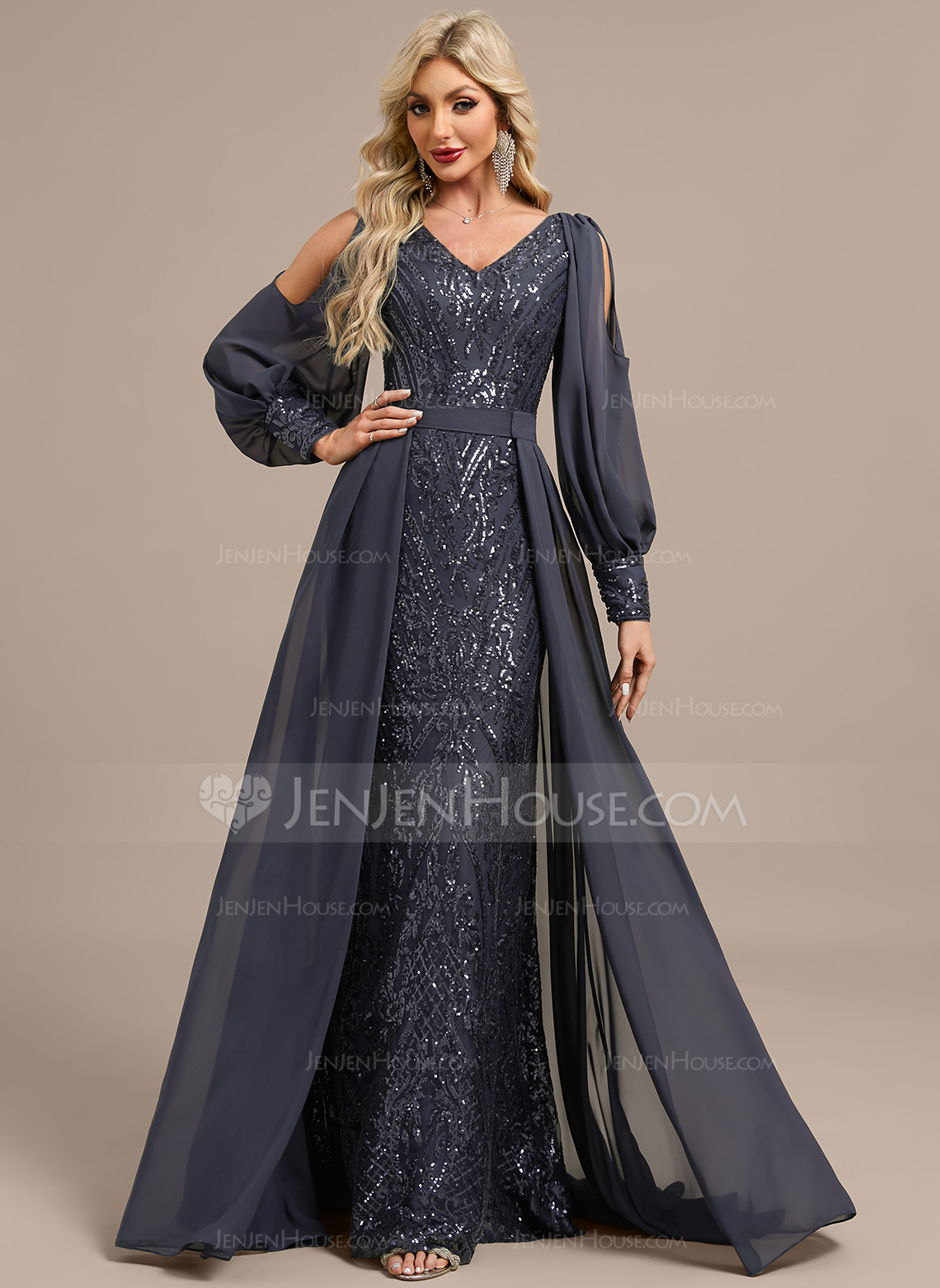 Sheath/Column V-Neck Floor-Length Detachable Lace Sequin Chiffon Evening Dress With Overskirt 