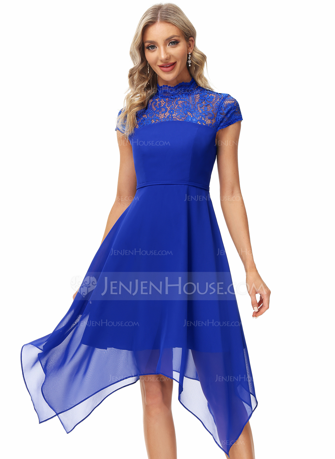 A-Formet høy Hals Te-lengde Chiffong Blonder Cocktailkjole 