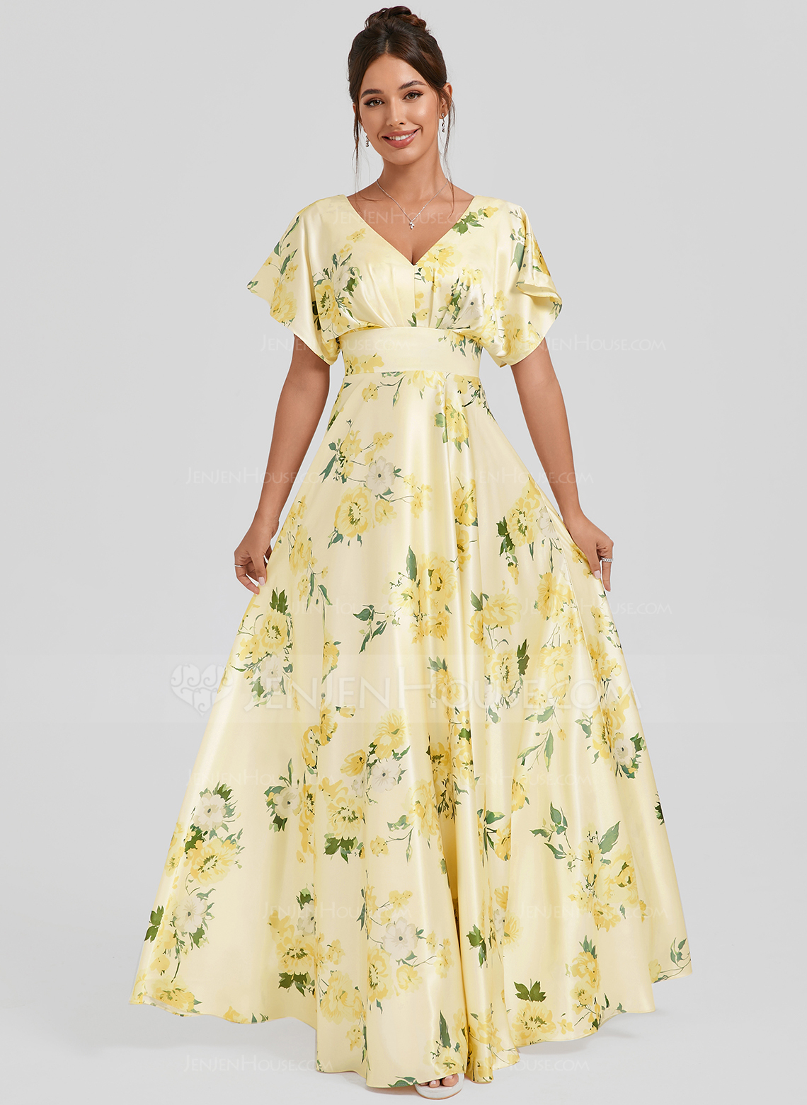 A-line V-Neck Floor-Length Matte Satin Bridesmaid Dress 