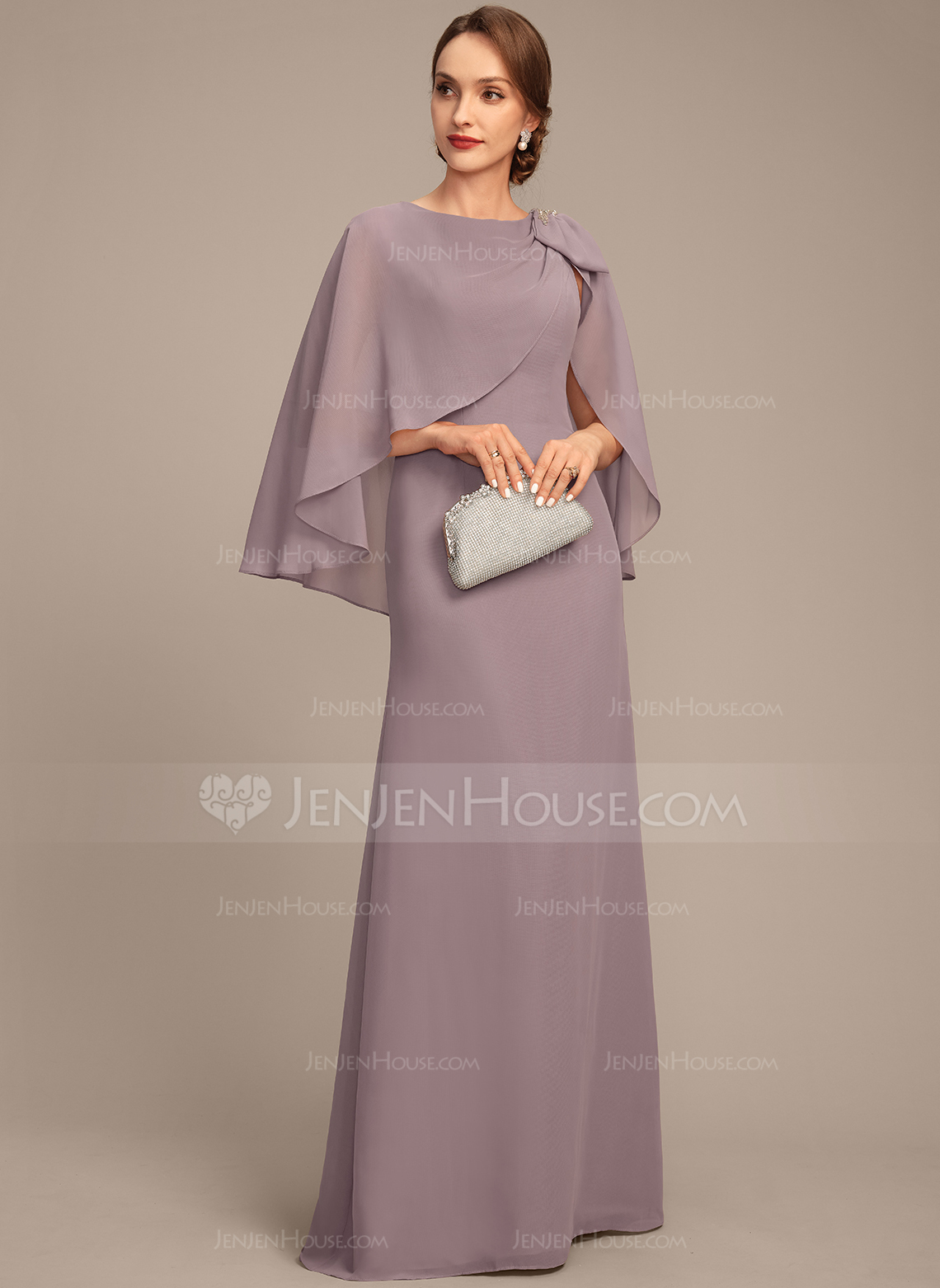 A-line Boat Neck Floor-Length Chiffon Mother of the Bride Dress With Beading Cape Sequins Pleated Bow 