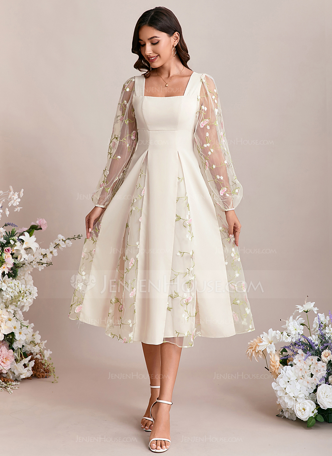 A-line Square Tea-Length Lace Wedding Dress With Embroidered 