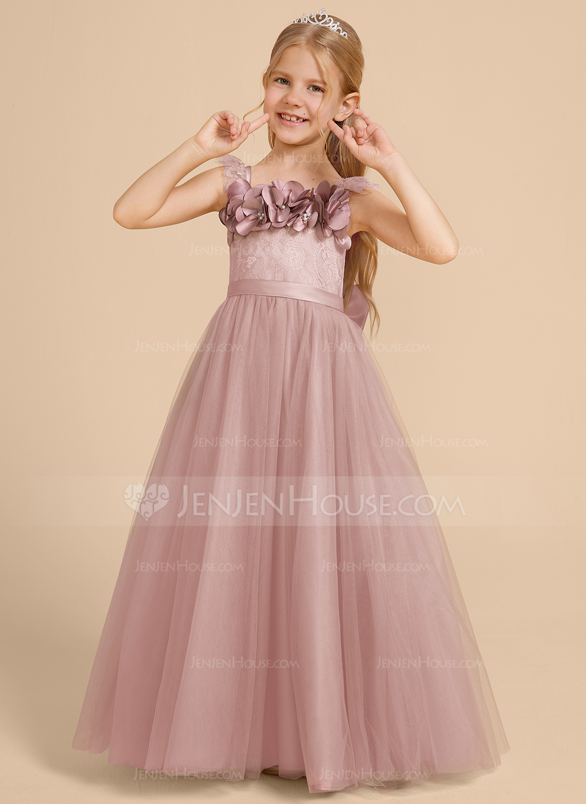 A-line kjole Firkantet hals Gulvlengde Blonder Tyll Brudepikekjole barn med Profilering 3D-blomster 