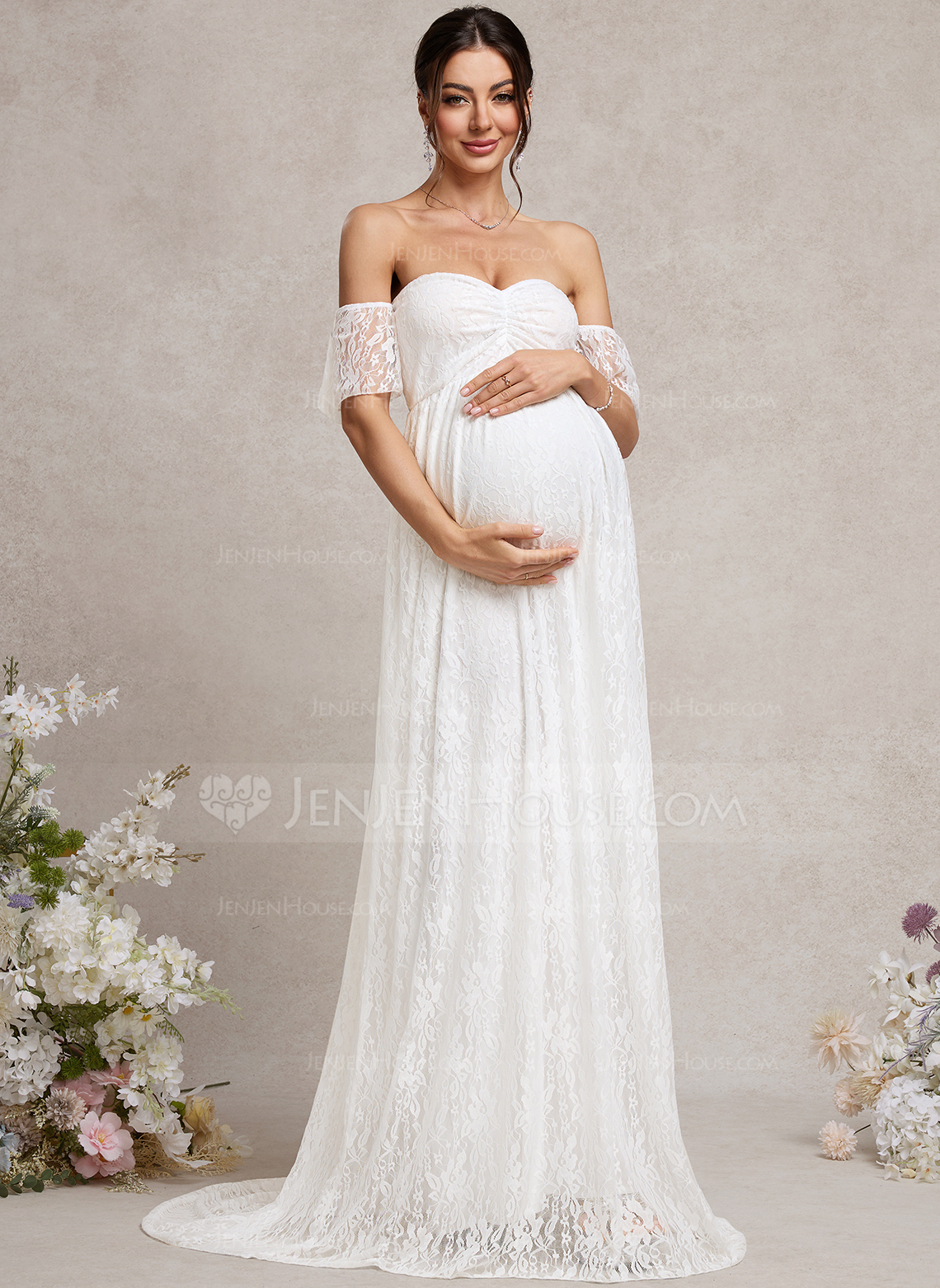 A-line Off the Shoulder Sweep Train Lace Maternity Dresses With Pleated 