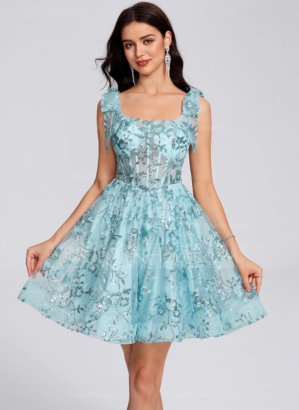 A-line Square Short Lace Homecoming Dress With Bow Sequins 