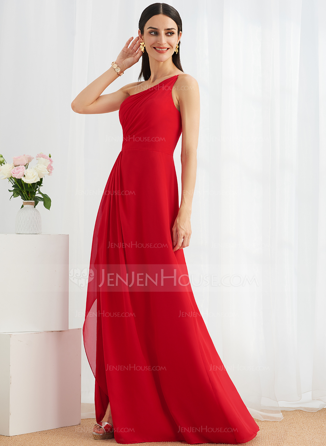 Kjole A-line kjole i Chiffon med En skuldret Ruffle