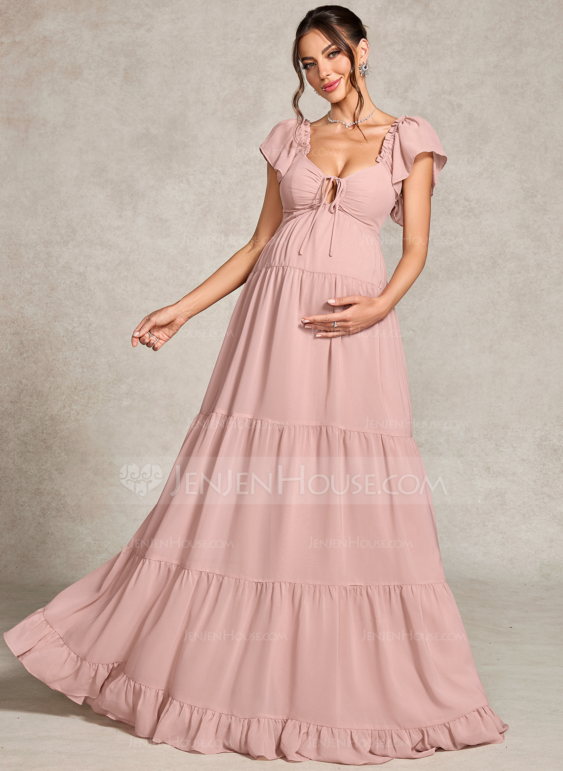 A-line V-Neck Floor-Length Chiffon Maternity Dresses With Ruffle Bow 