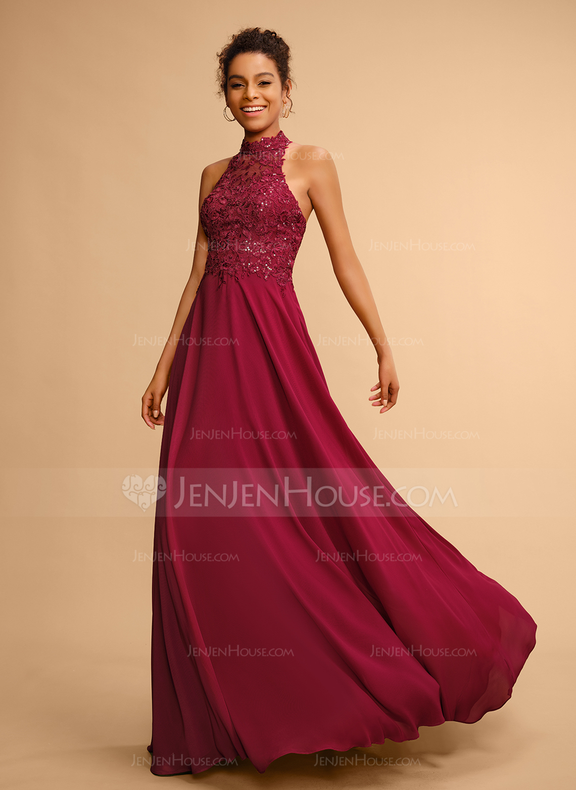 A-linja riimu lattiaa hipova pituus pitsi sifonki tanssiaismekko jossa paljetit 