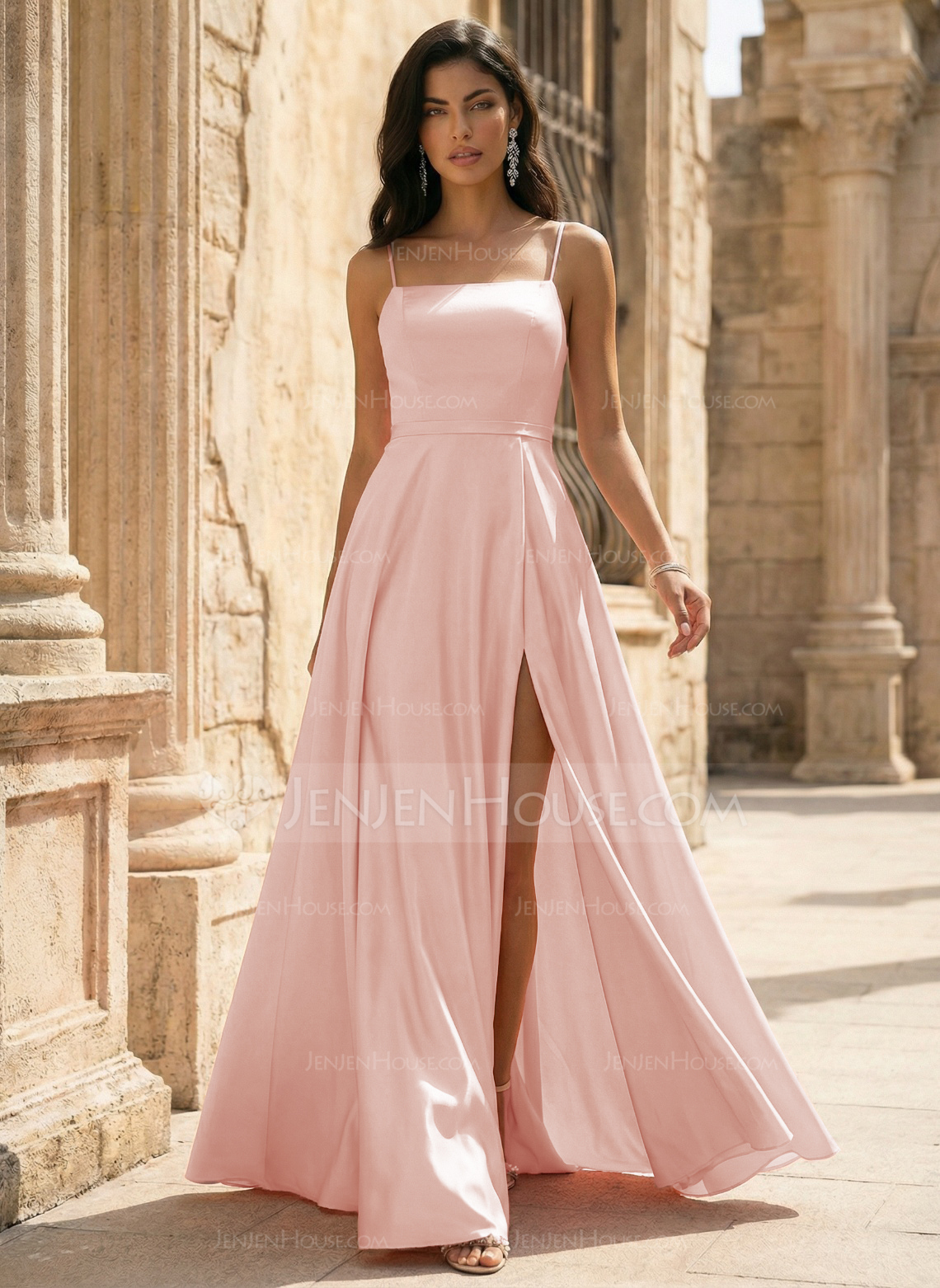 Square Spaghetti Straps Satin Dress