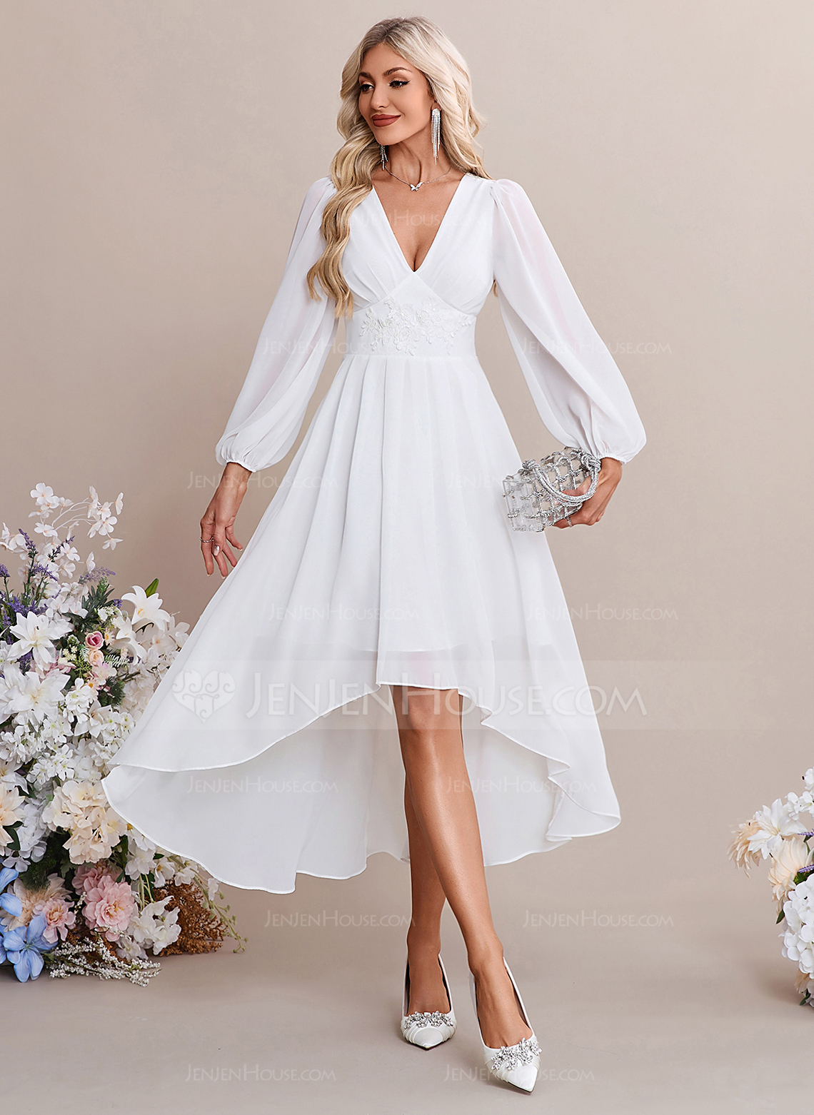 A-line V-Neck Tea-Length Asymmetrical Lace Chiffon Wedding Dress 