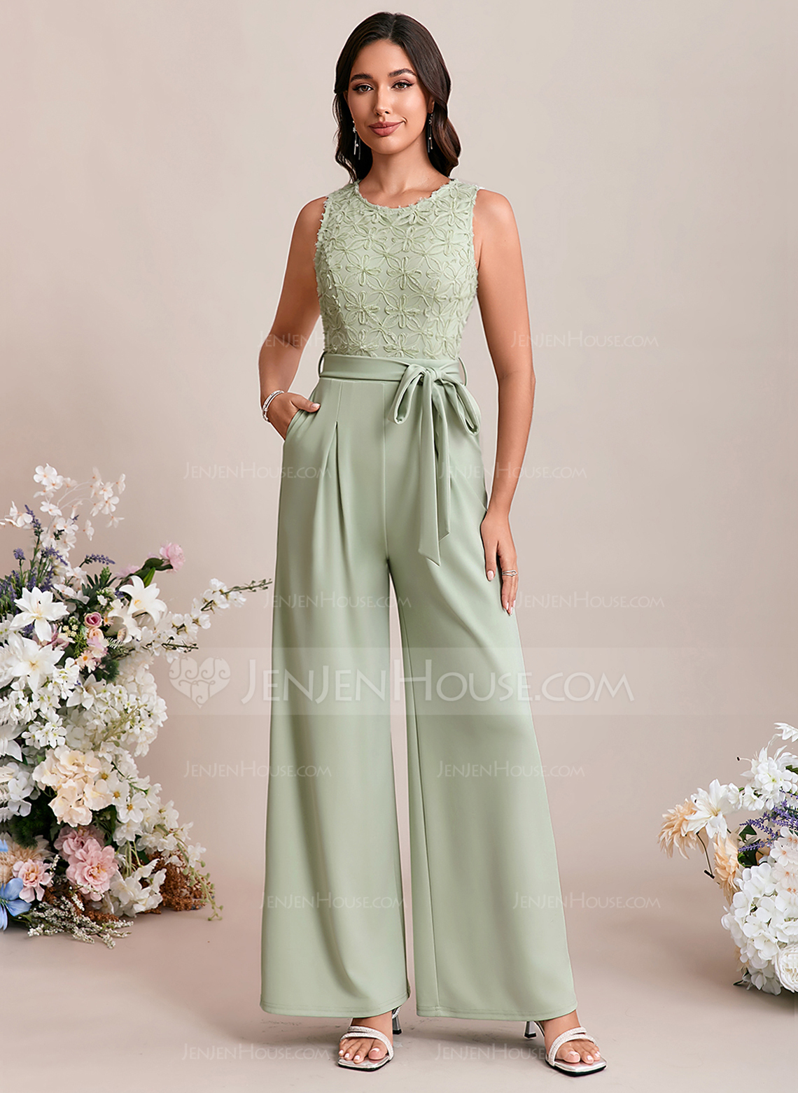 Jacquard Scoop Sleeveless Jumpsuits Stretch Crepe Maxi Dress 