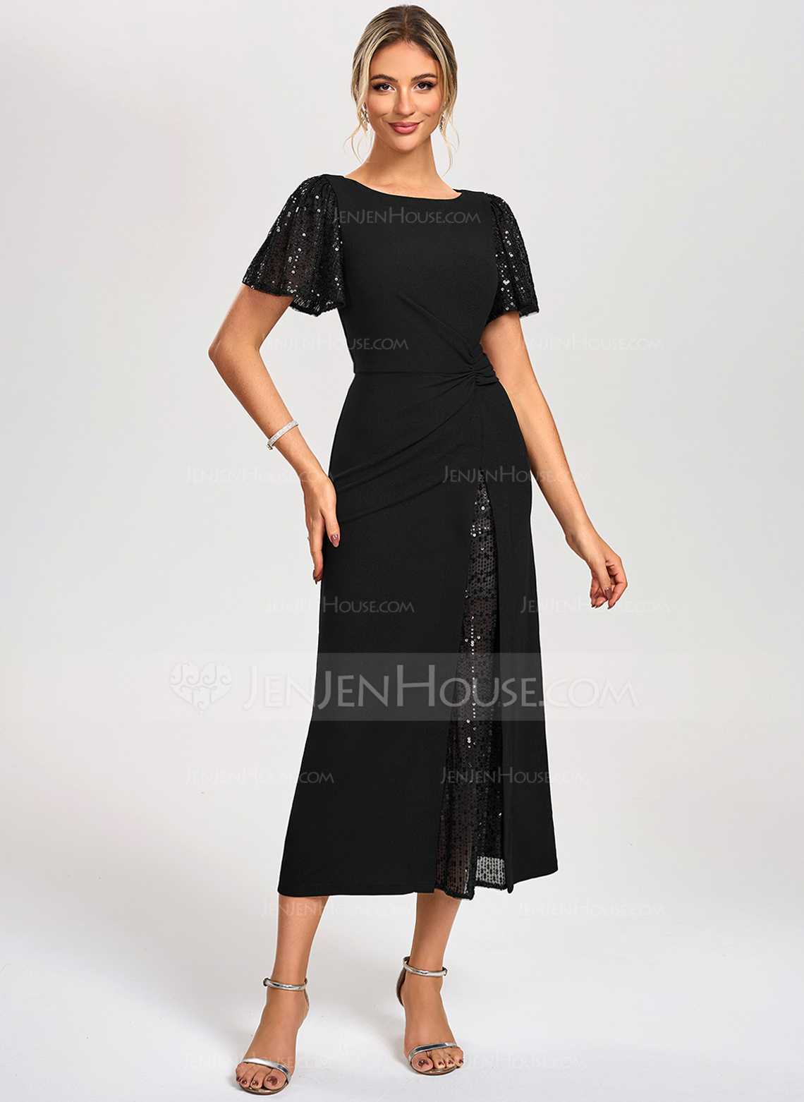 Sheath/Column Boat Neck Tea-Length Stretch Crepe Sequin Cocktail Dress 