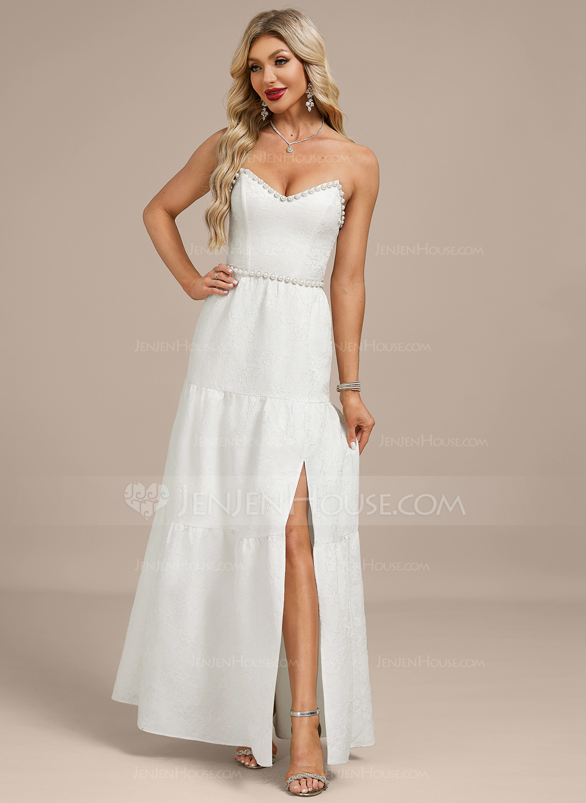 A-line V-Neck Floor-Length Jacquard Wedding Dress With Beading 