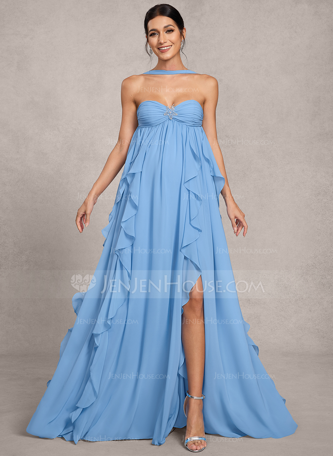 A-line Halter Sweep Train Chiffon Maternity Dresses With Crystal Brooch Cascading Ruffles 