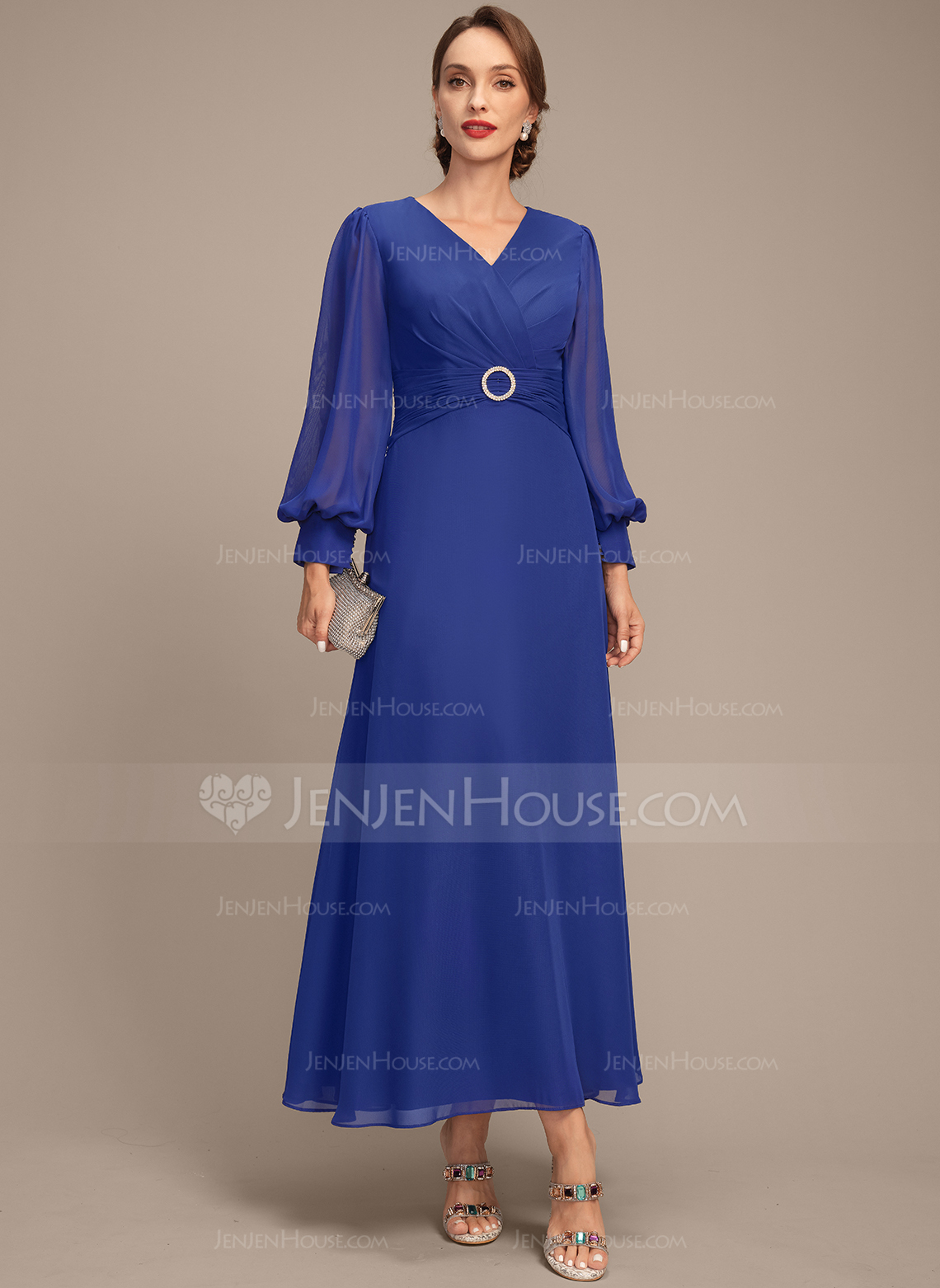 A-line V-Neck Ankle-Length Chiffon Mother of the Bride Dress With Crystal Brooch Pleated 