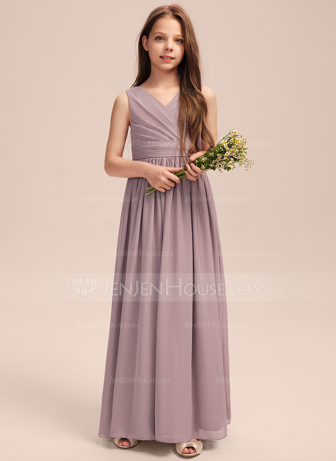 A-line kjole V-hals Gulvlengde Chiffon Brudepikekjole ungdom med Sløyfe Plissert 