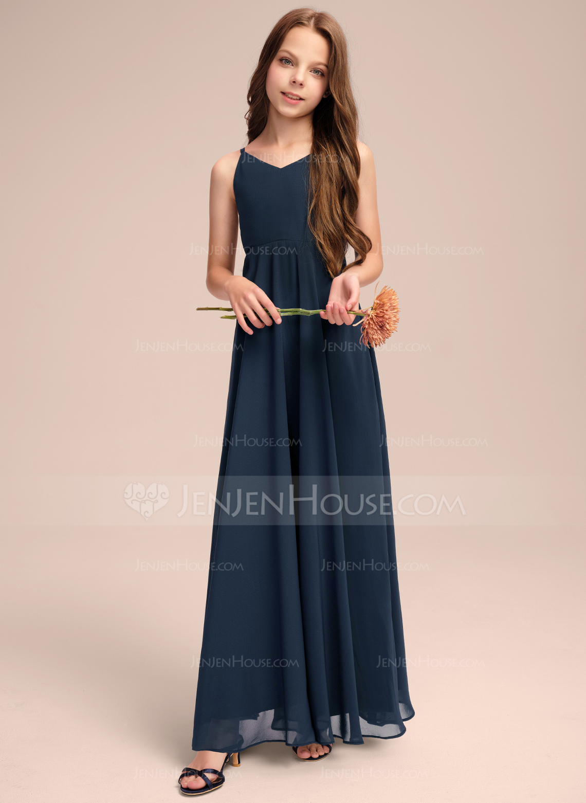 A-line kjole V-hals Gulvlengde Chiffon Brudepikekjole ungdom med Sløyfe 