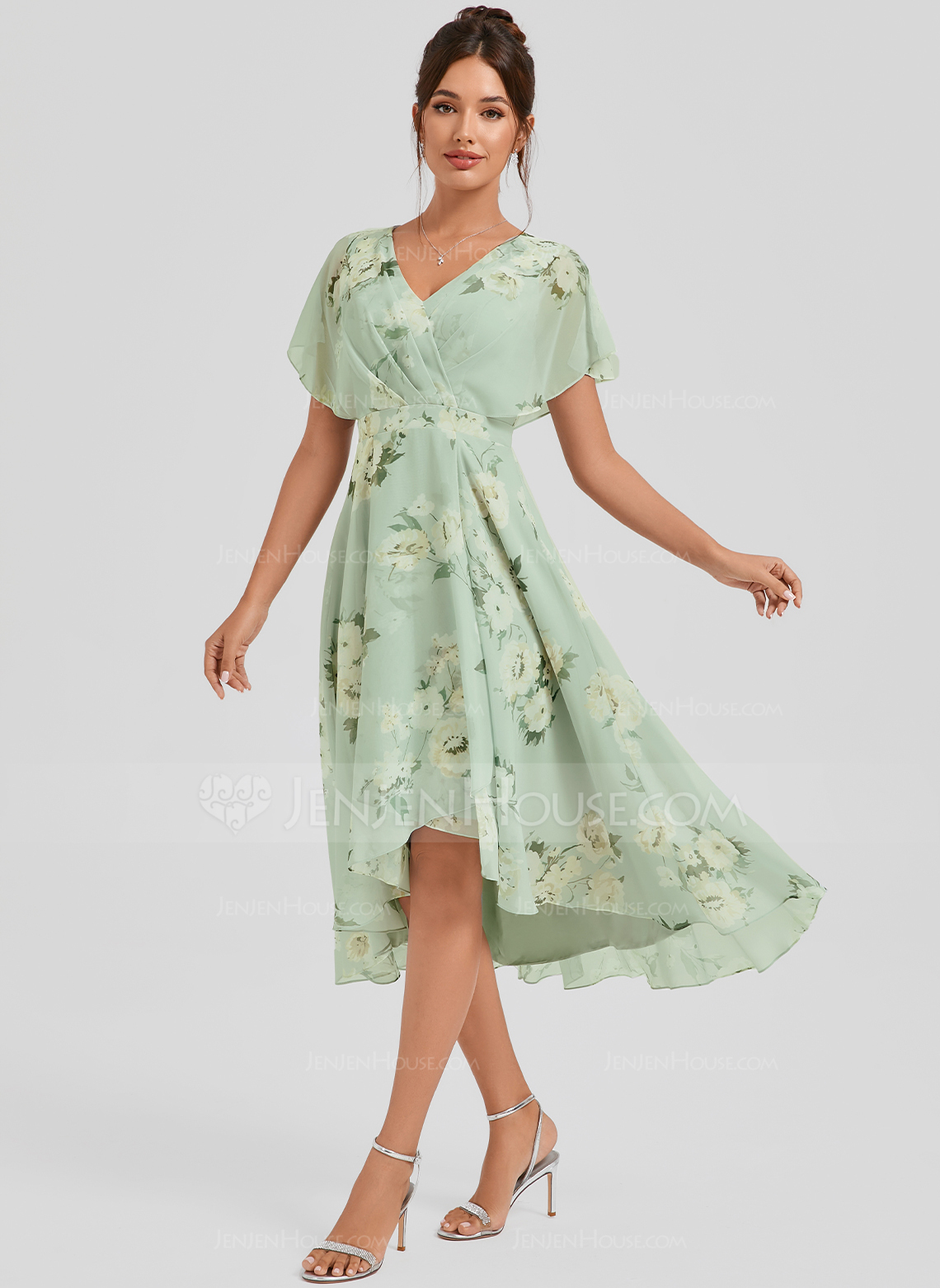 A-line V-Neck Asymmetrical Chiffon Bridesmaid Dress With Ruffle 