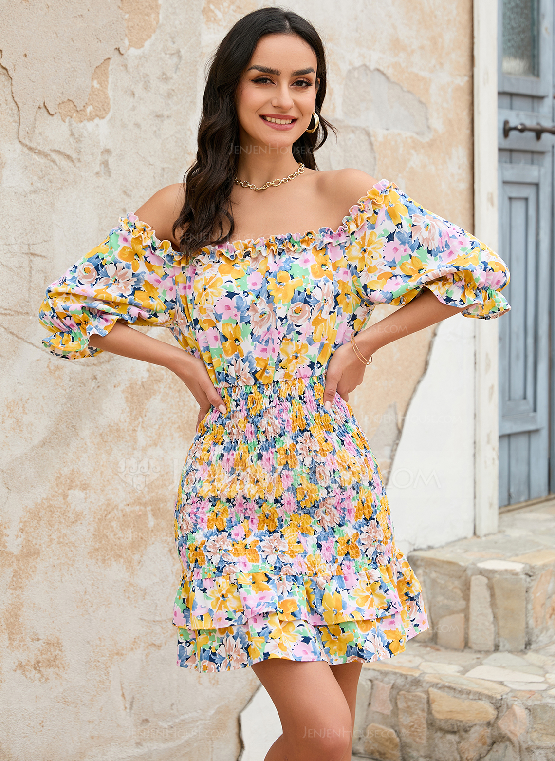 Blomstertrykk Skulderfri Trompet/Havfrue Trykt stoff Mini Kjole 