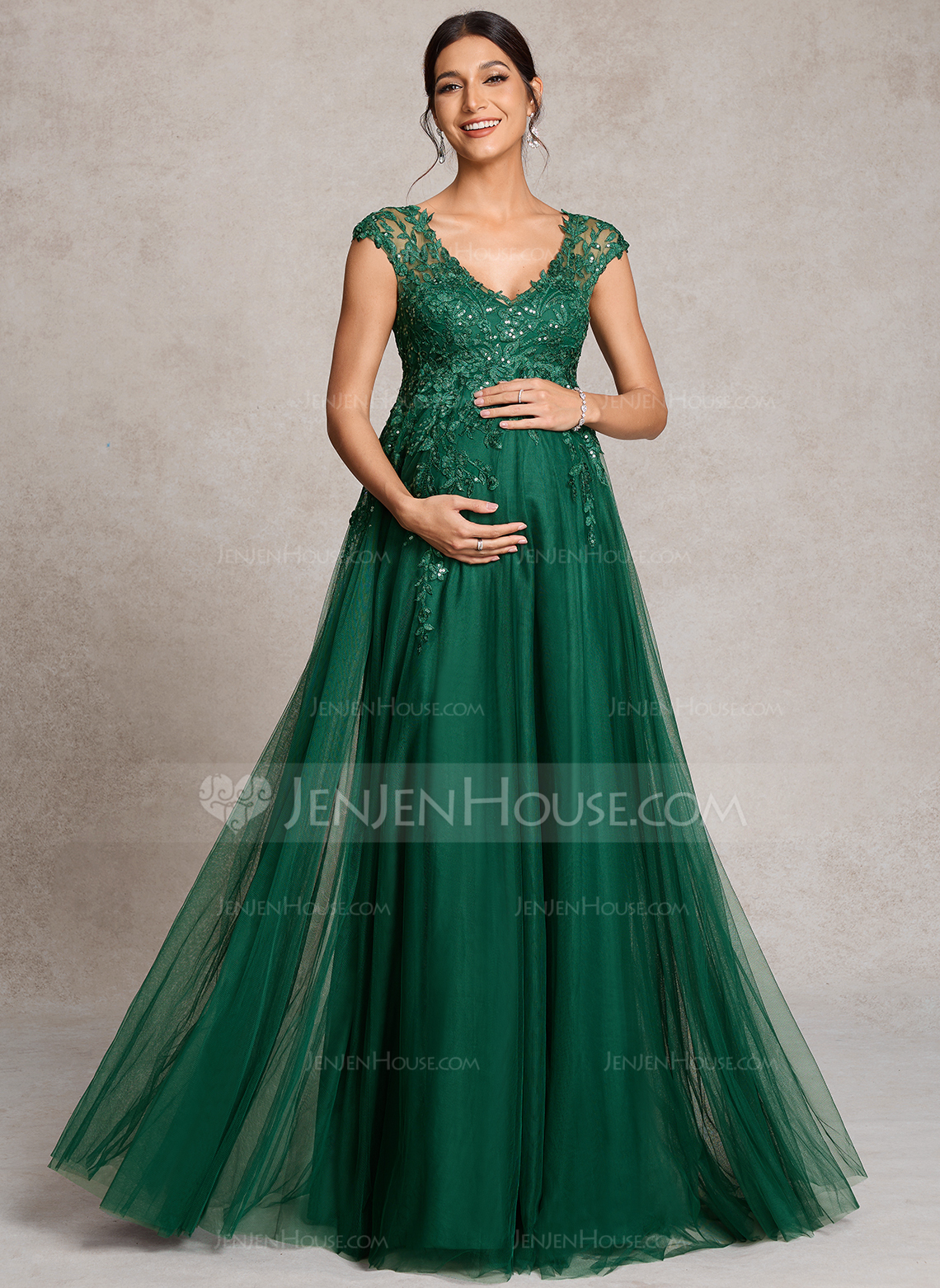A-line V-Neck Illusion Floor-Length Tulle Lace Maternity Dresses With Sequins 