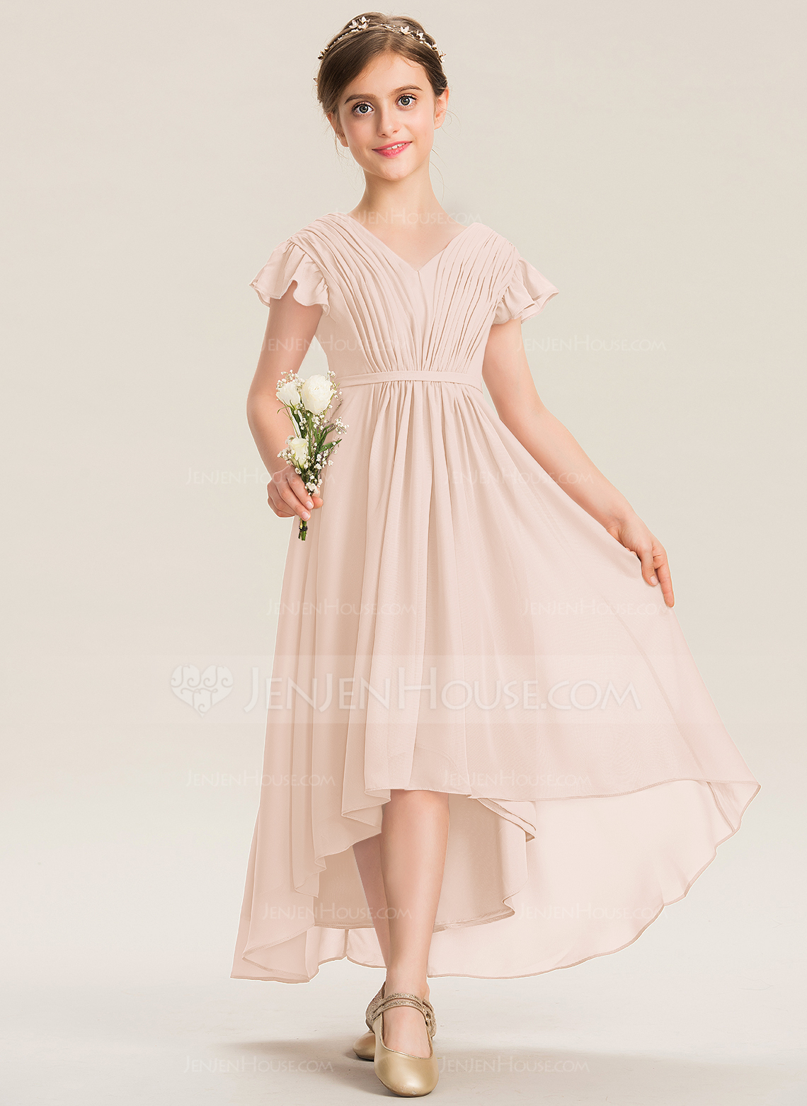 A-Linien-Kleid V-Ausschnitt Vokuhila Chiffon Kleider für junge Brautjungfern mit Schleife Kaskaden-Rüschen 