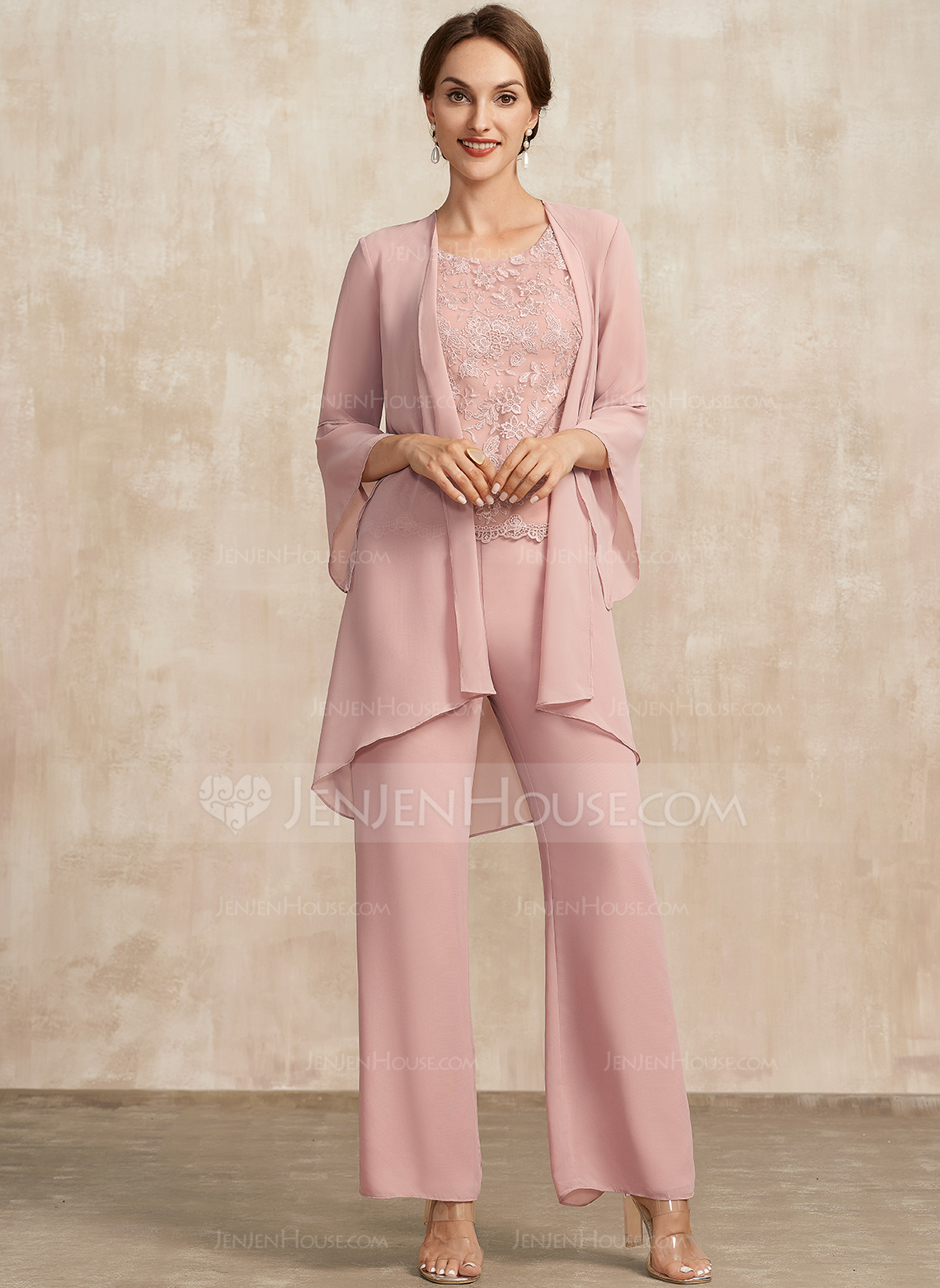 Buksedresser Separerer Scoop Ankel-lengde Blonder Chiffon Kjole til brudens mor 