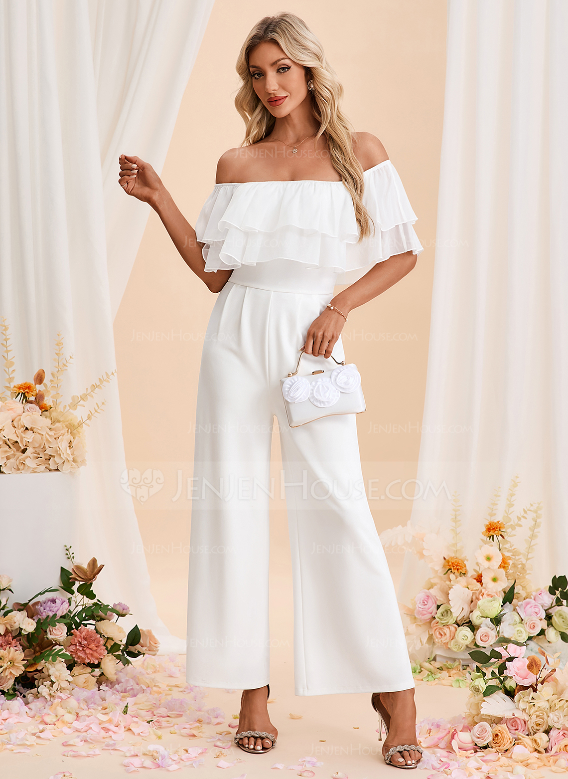 Off the Shoulder Short Sleeve Organza Stretch Crepe Maxi Jumpsuits 