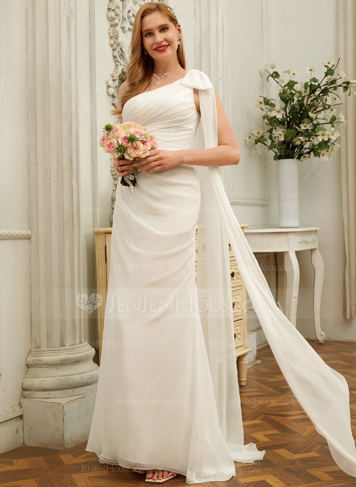 Slire En skuldret Sweep/Børste train Chiffon Brudekjole med Sløyfe Ruffle 