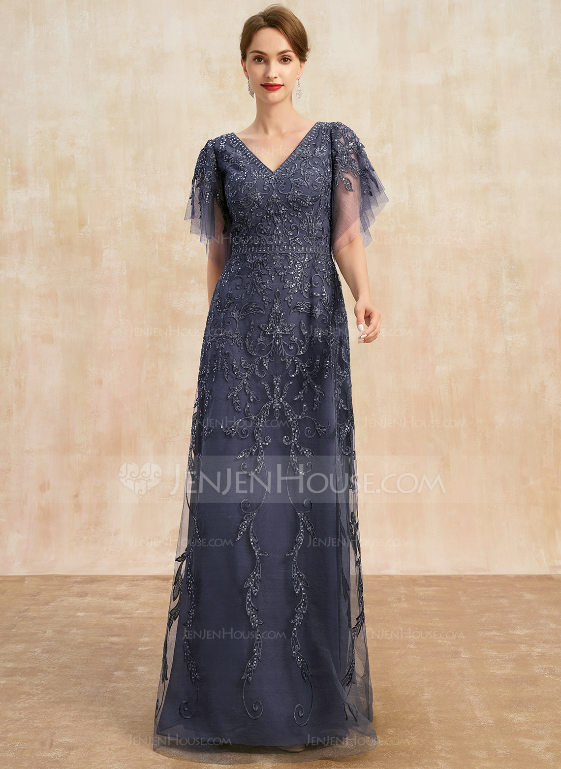 A-line V-Neck Sequins Tulle Dress