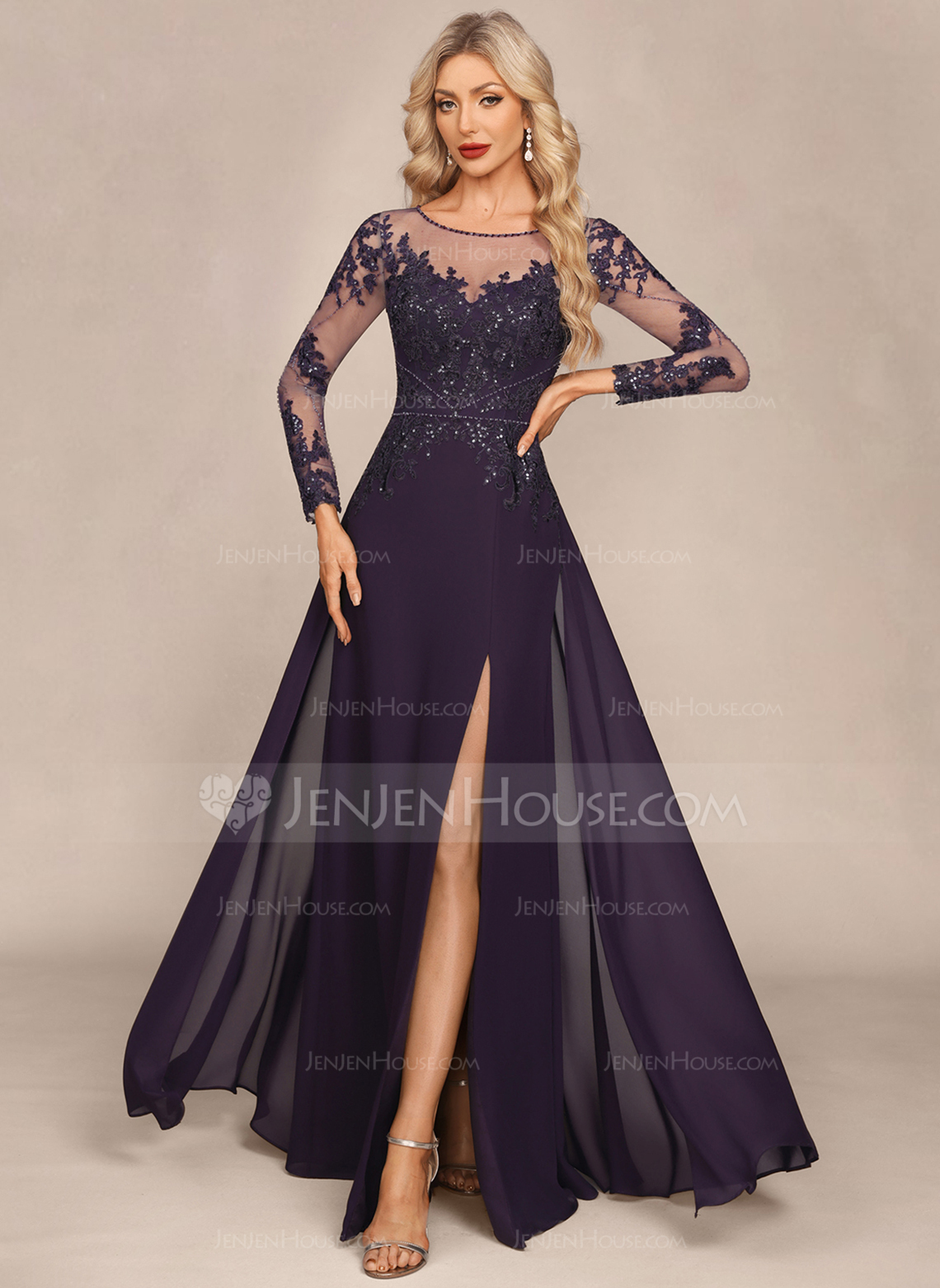 Sheath/Column Illusion Scoop Floor-Length Chiffon Tulle Evening Dress With Beading Overskirt Sequins 