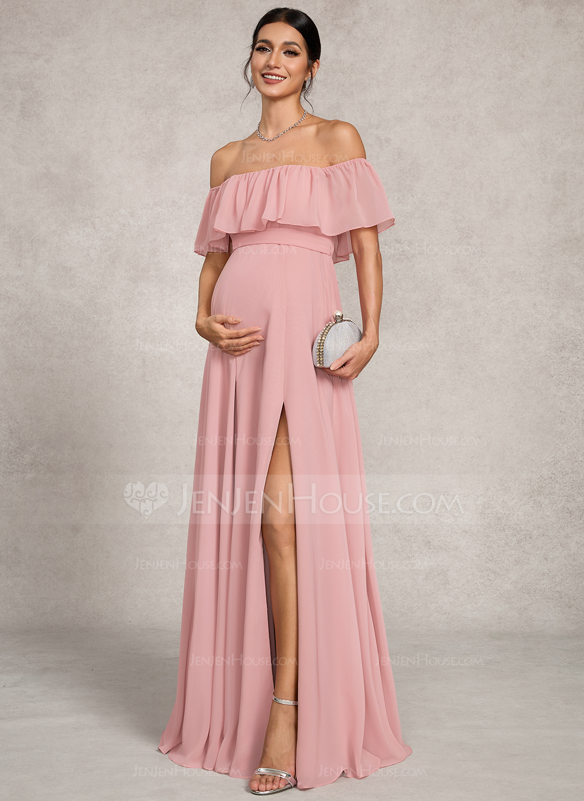 A-line Off the Shoulder Floor-Length Chiffon Maternity Dresses With Bow 