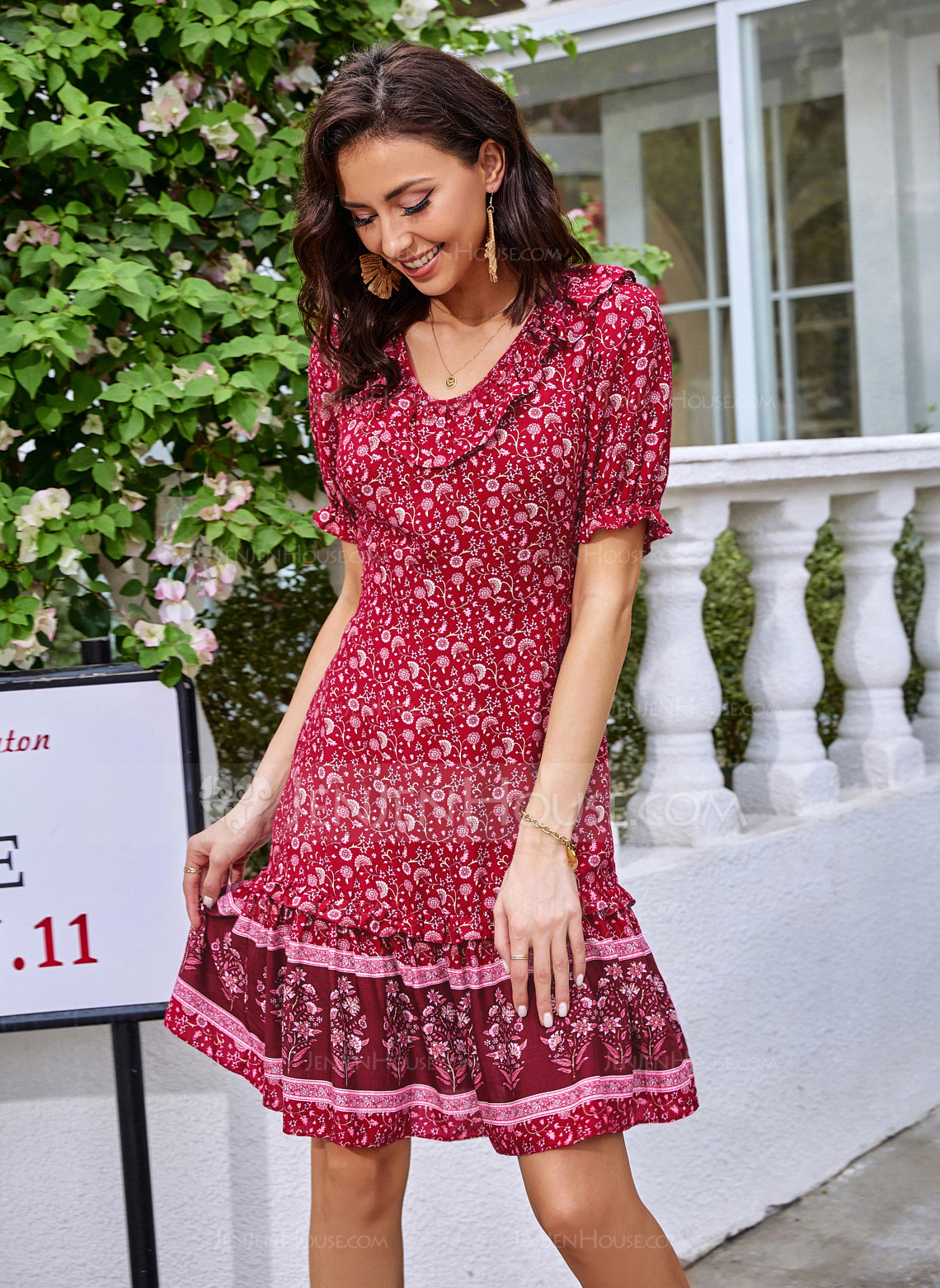 Blomstertrykk Scoop Kortermer A-line kjole rayon Mini Kjole 