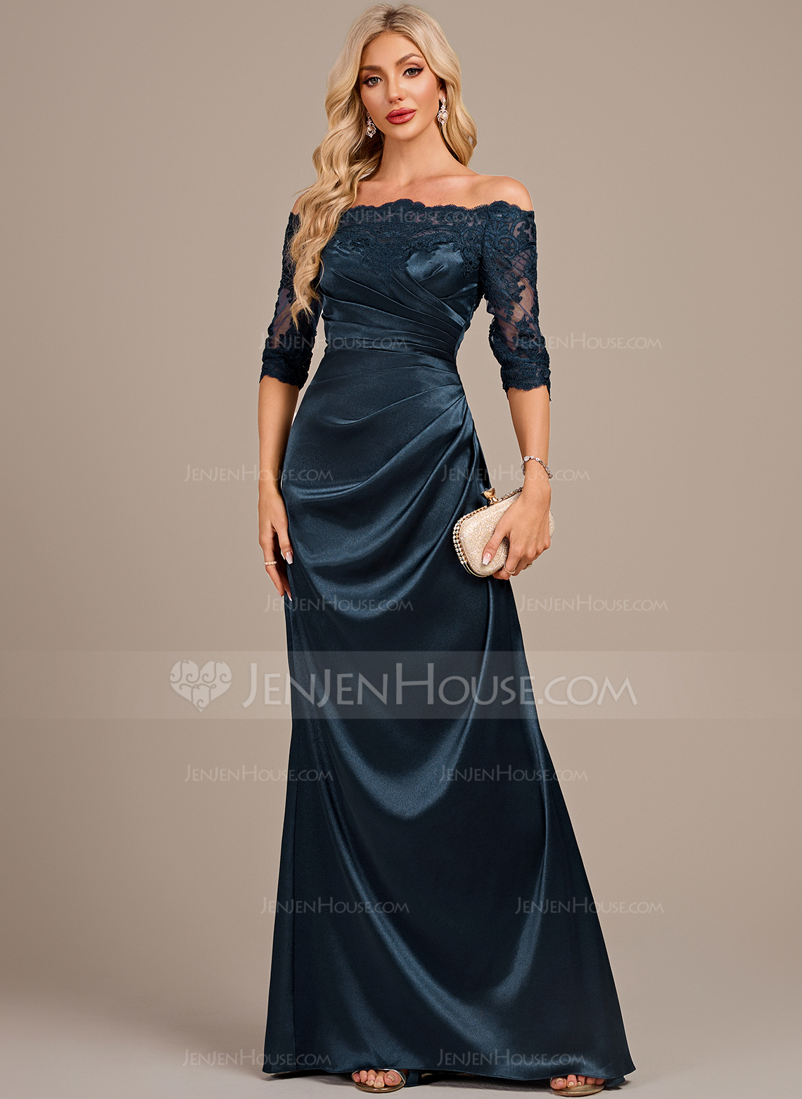 Sheath/Column Off the Shoulder Floor-Length Lace Stretch Satin Mother of the Bride Dress With Pleated 