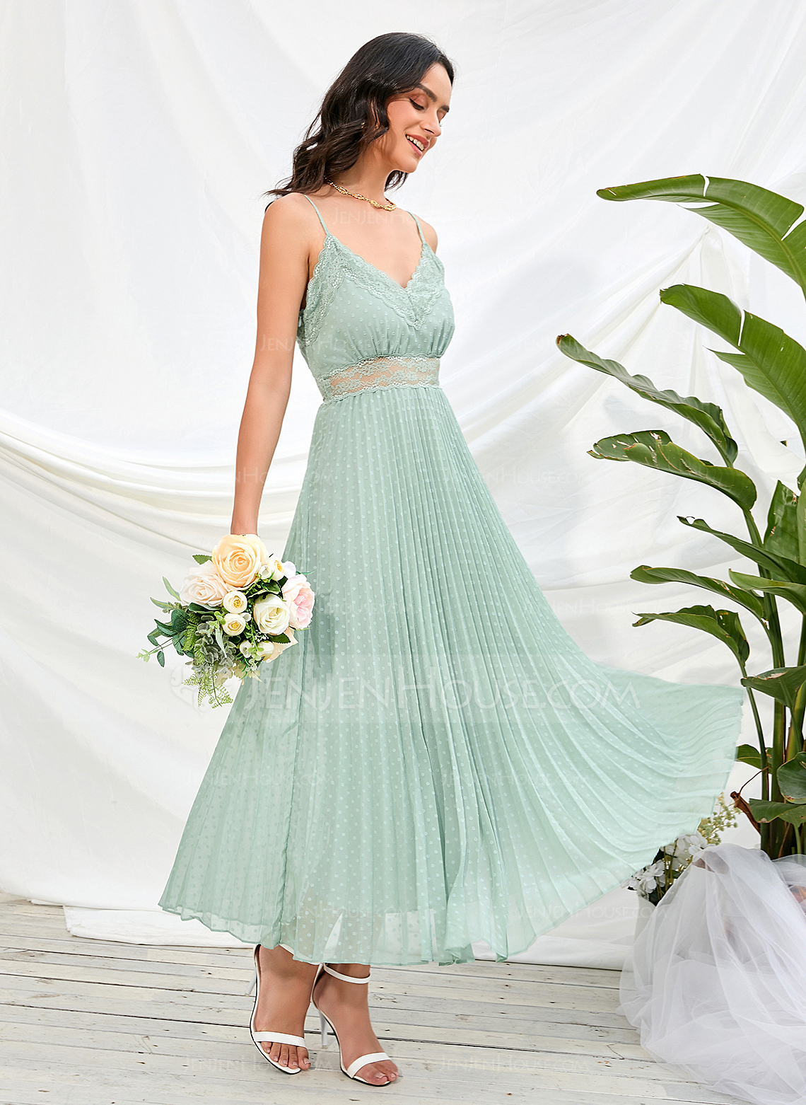 V-hals Ermeløs Sexy A-line kjole Chiffong Midi Ankel-lengde Motekjoler 